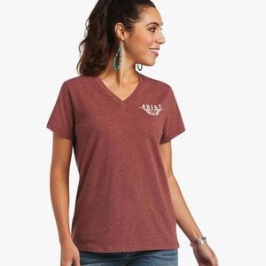 NWT- Ariat Women's Burgundy V-Neck Relaxed Fit Longhorn Imprinted T-Shirt-XSmall